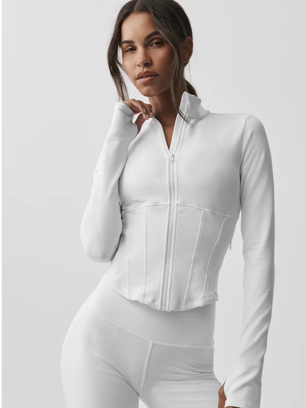 ALO Yoga White Zip-Front Corset Sweatshirt